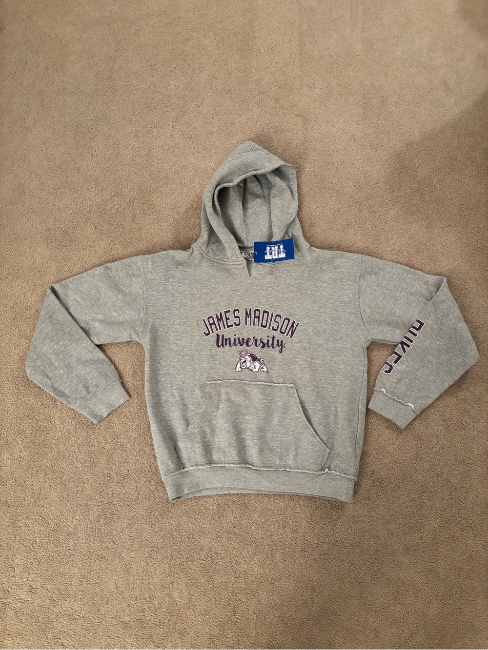 James Madison University JMU Dukes Hoodie Sweatshirt Gray Purple Size M Vintage